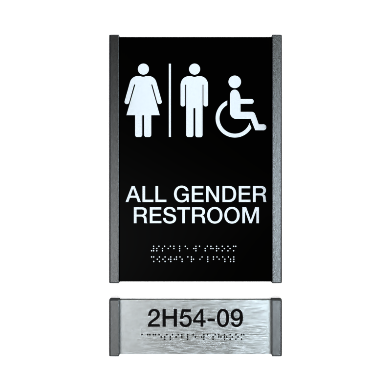 Two-part all-gender restroom sign with a separate tactile room-number plate, on a Stanly frame