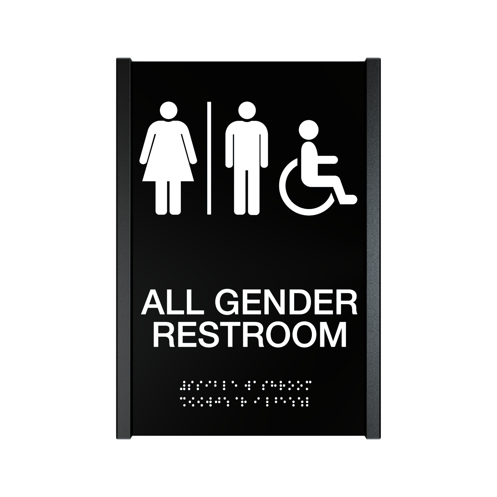 All-gender restroom sign with pictograms, raised tactile characters and Braille