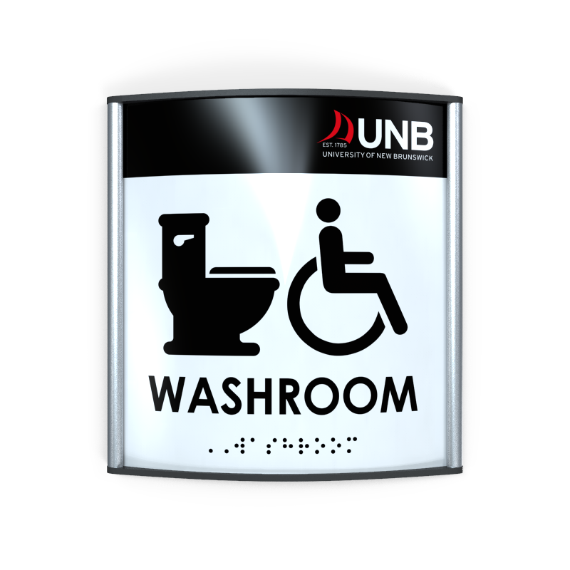 Accessible washroom sign with a university header, tactile characters and Braille, on a curved PC frame