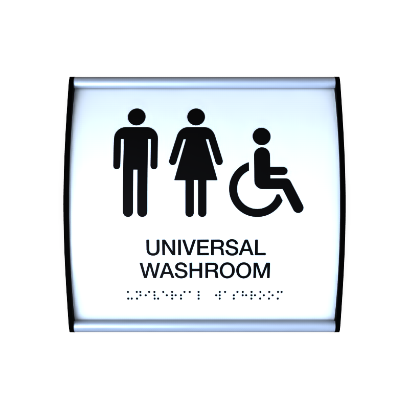 Universal washroom sign with three pictograms, tactile characters and Braille, on a curved PC frame